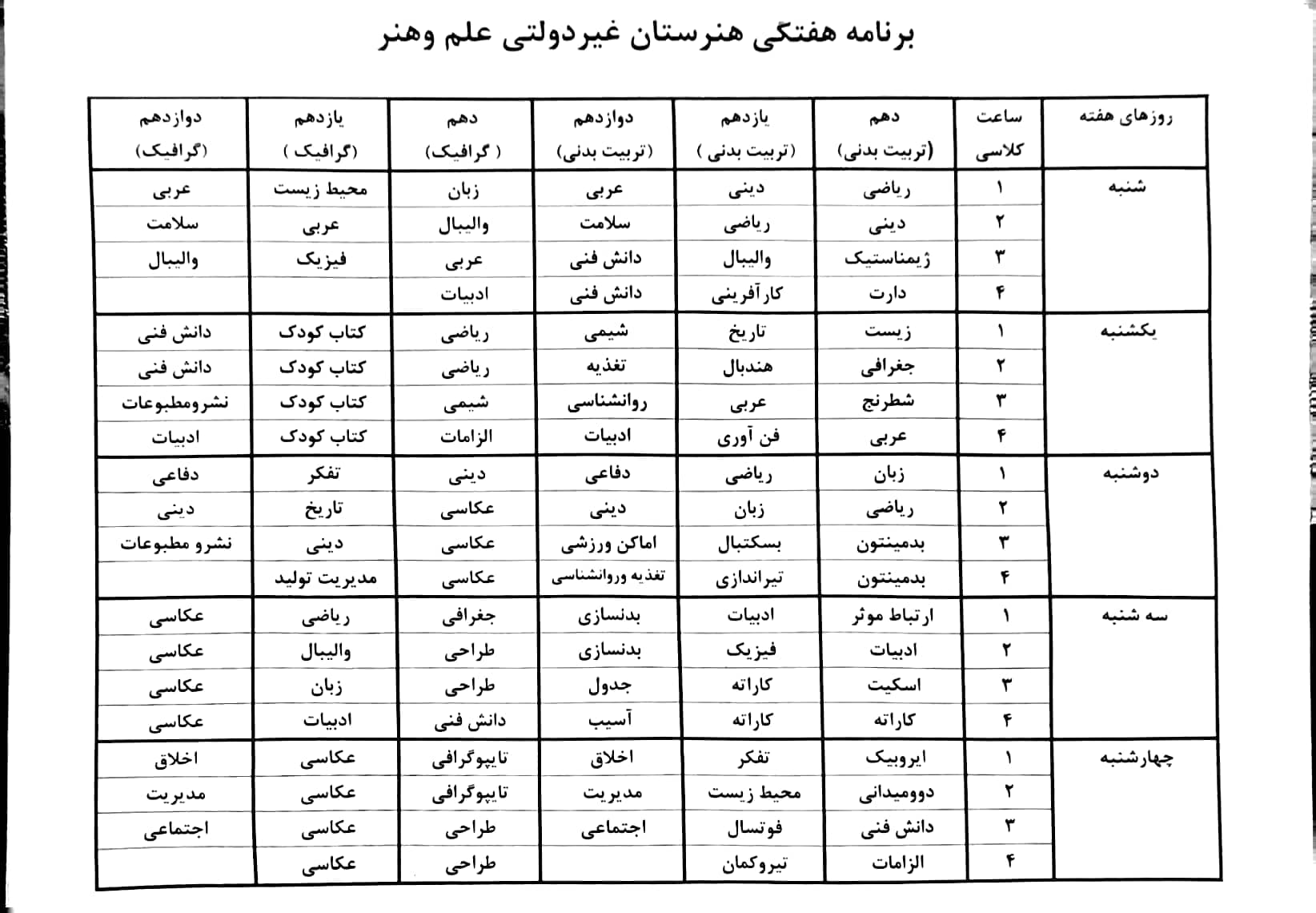 برنامه هفتگی نیمسال دوم